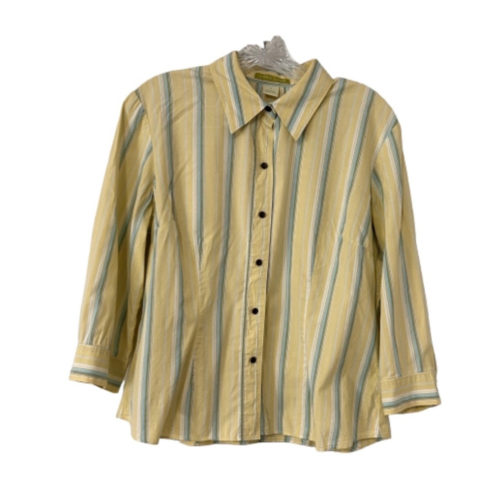 Sigrid Olsen Striped Button-Up Shirt, Size M, Yellow/Blue